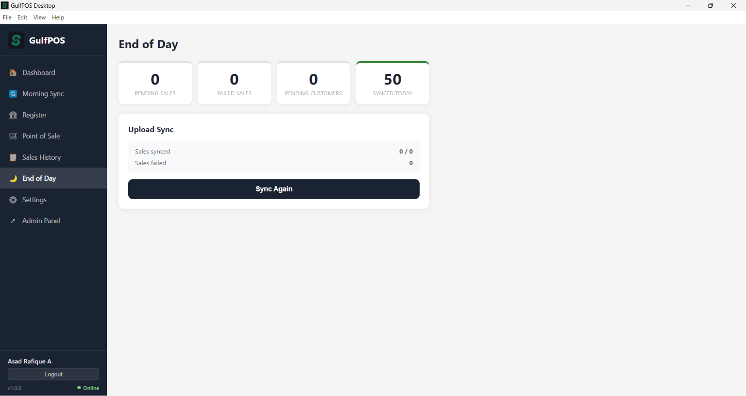 GulfPOS End Day Sync screen