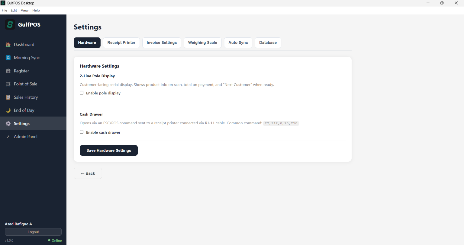 GulfPOS Hardware Settings screen