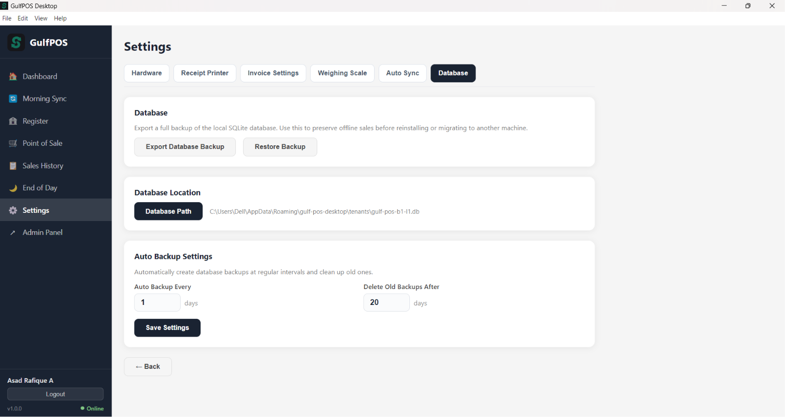 GulfPOS Backup & Restore screen