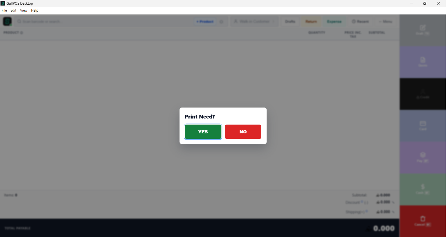 GulfPOS Print Confirmation screen