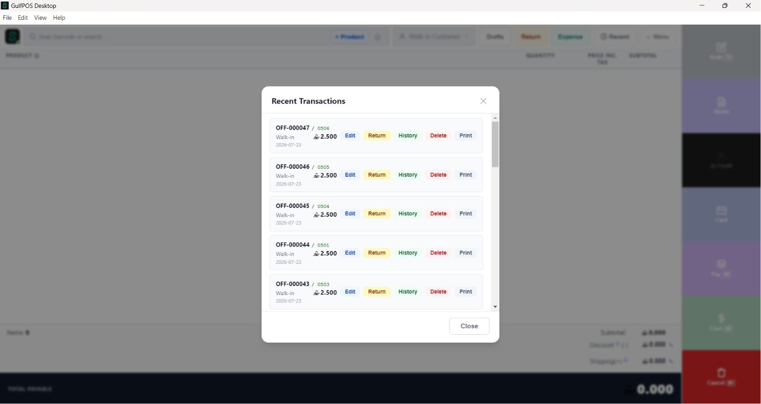 GulfPOS Recent Sales screen