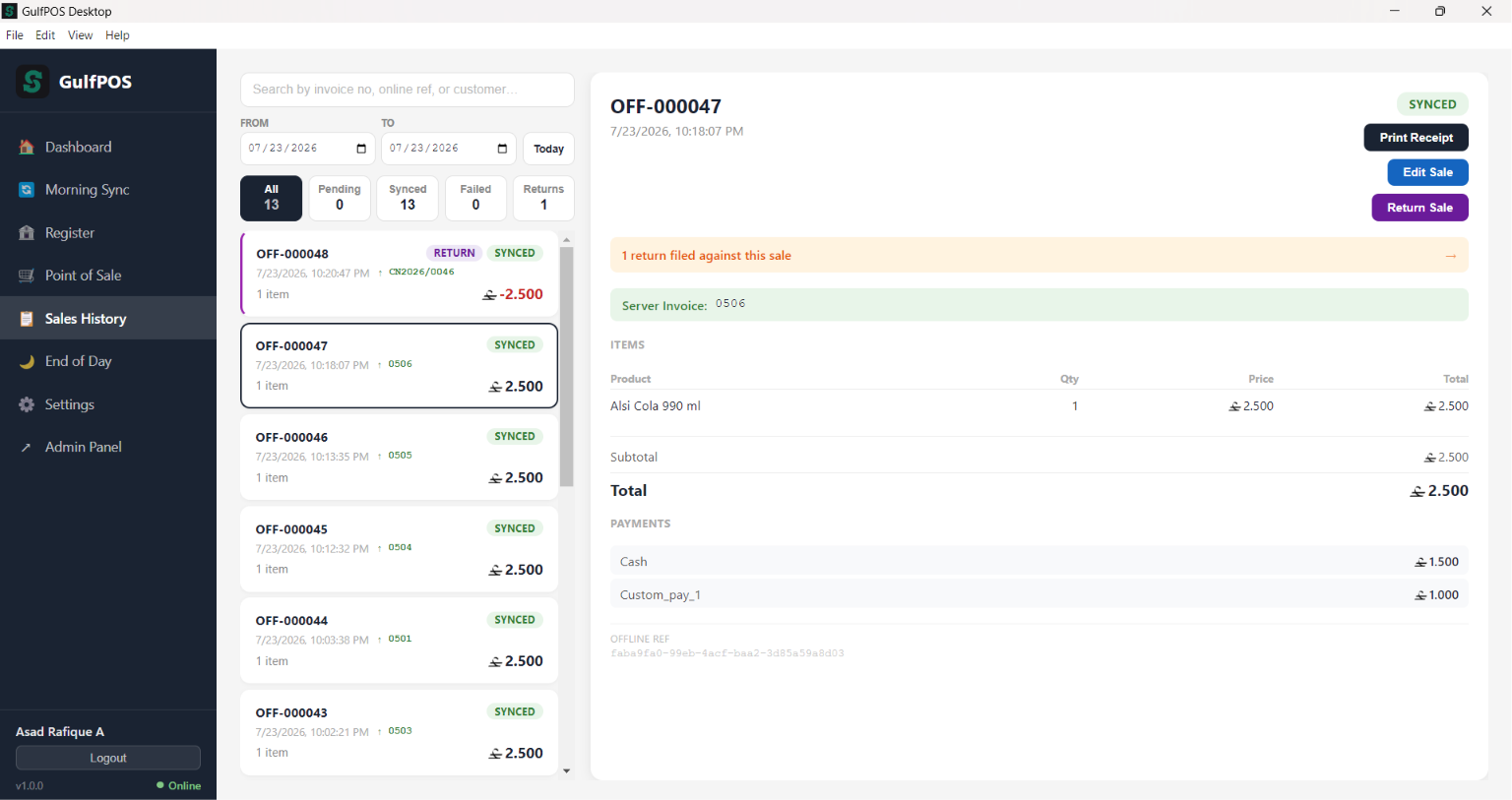 GulfPOS sale history screen